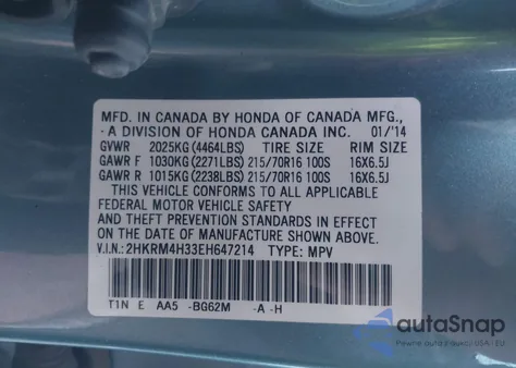 2014 Honda Cr-V Lx из США, поврежденный, VIN 2HKRM4H33EH647214